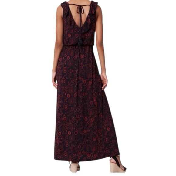 Ann Taylor Loft Ruffle Neck Dress Sz MP Navy Red Floral Tie Back Slit V-Neck - Picture 2 of 9